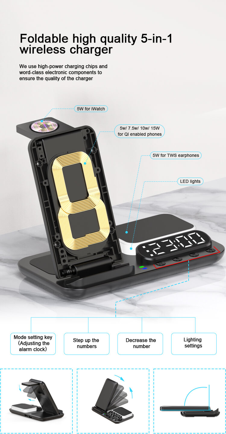 6-in-1 wireless charger stand with time clock alarm