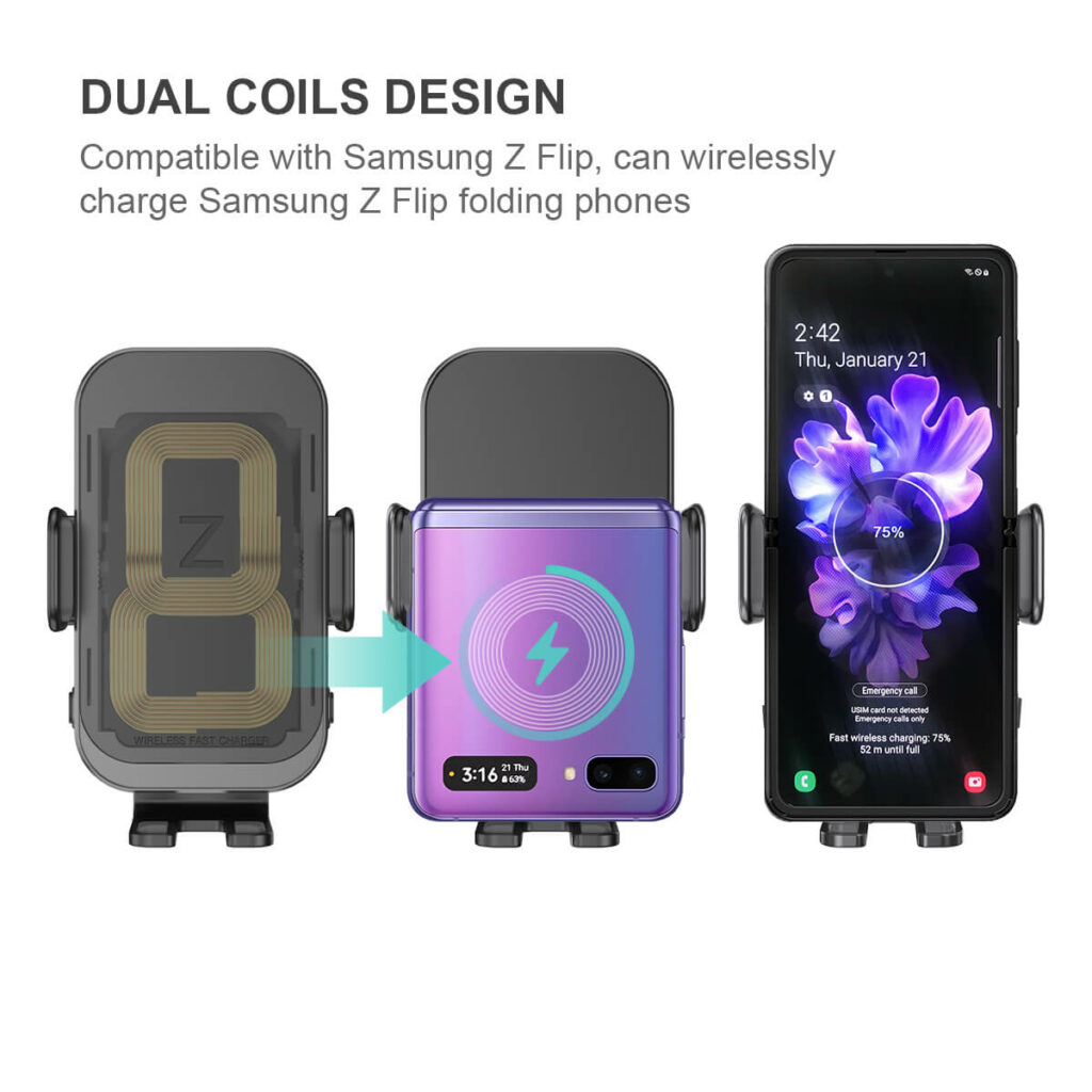 automatic clamping wireless car charger mount