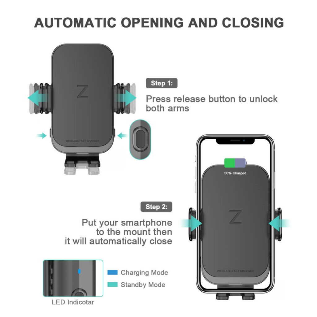 automatic clamping wireless car charger mount